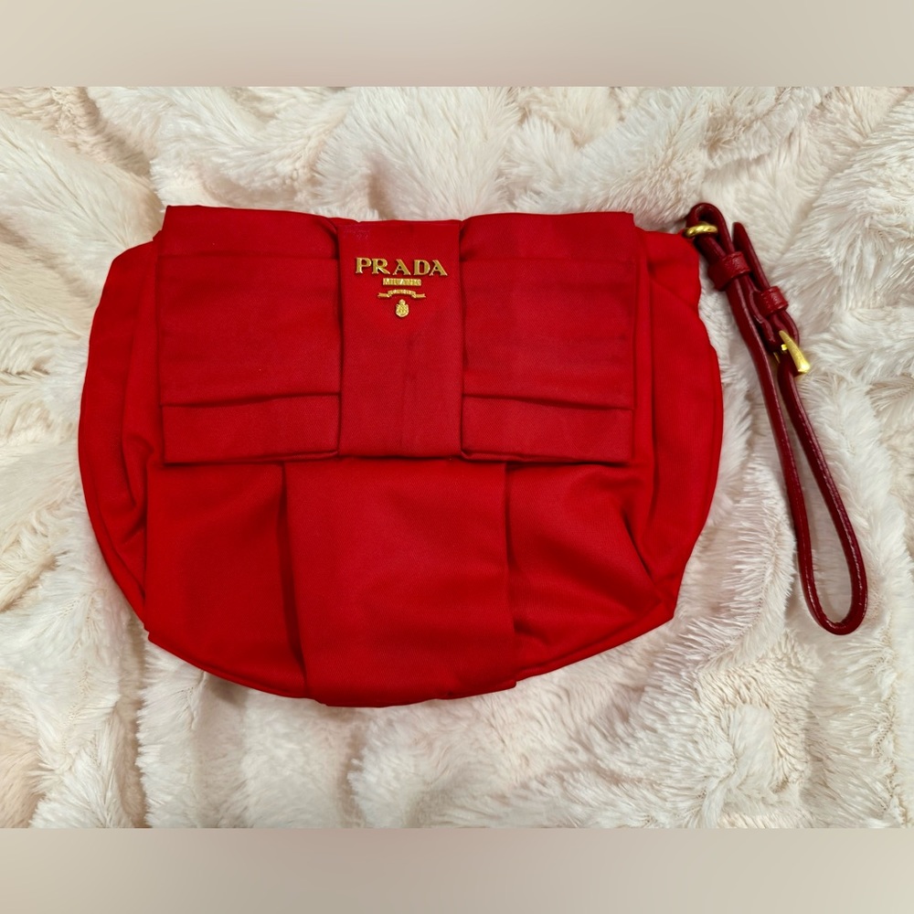 Prada logo Tessuto nylon bow wristlet